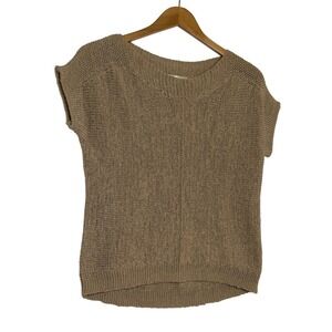 Pointelle Short Cap Sleeve Knit Top Beige V-Neck Pullover Women's S
